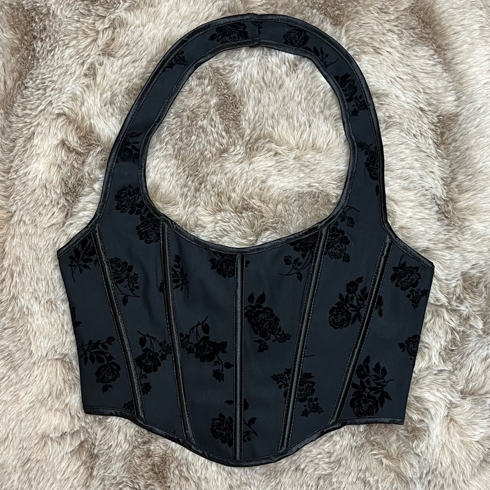 Shein Black Floral Halter Corset Crop Top NWOT